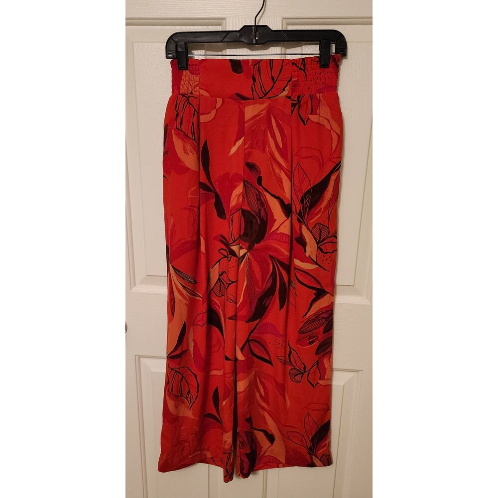 A New Day Women Floral Print High Rise Wide Leg Cropped Pull On Pants Medium Red